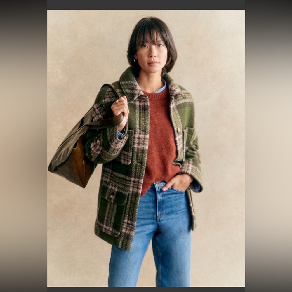 Sezane Paolo Green Khaki Plaid Check Jacket, NWT - Picture 2 of 10